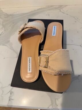 Saks Fifth Avenue Cream Frayed Buckle Slide Sandals